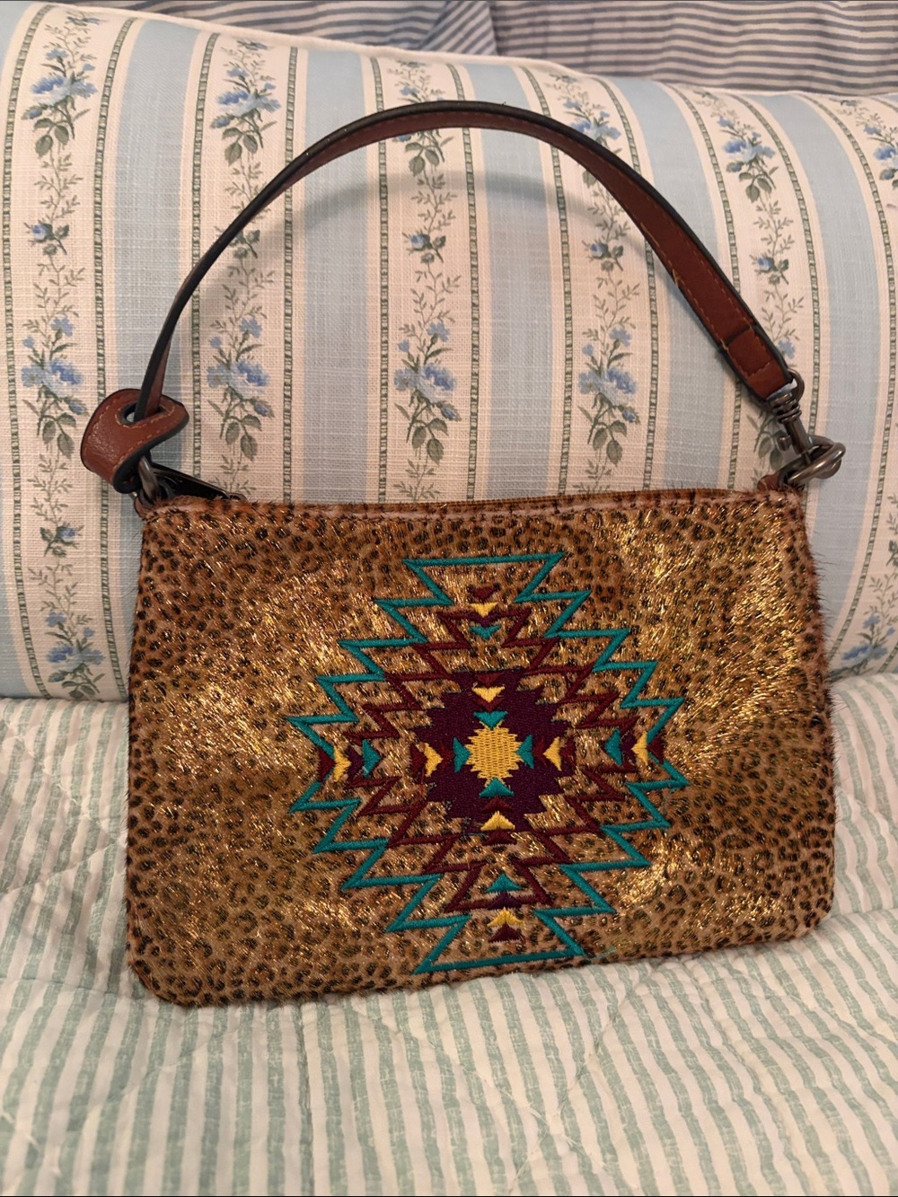 Justin Boots Leopard-Print with Turquoise,Gold&Purple Aztec embroidery bag